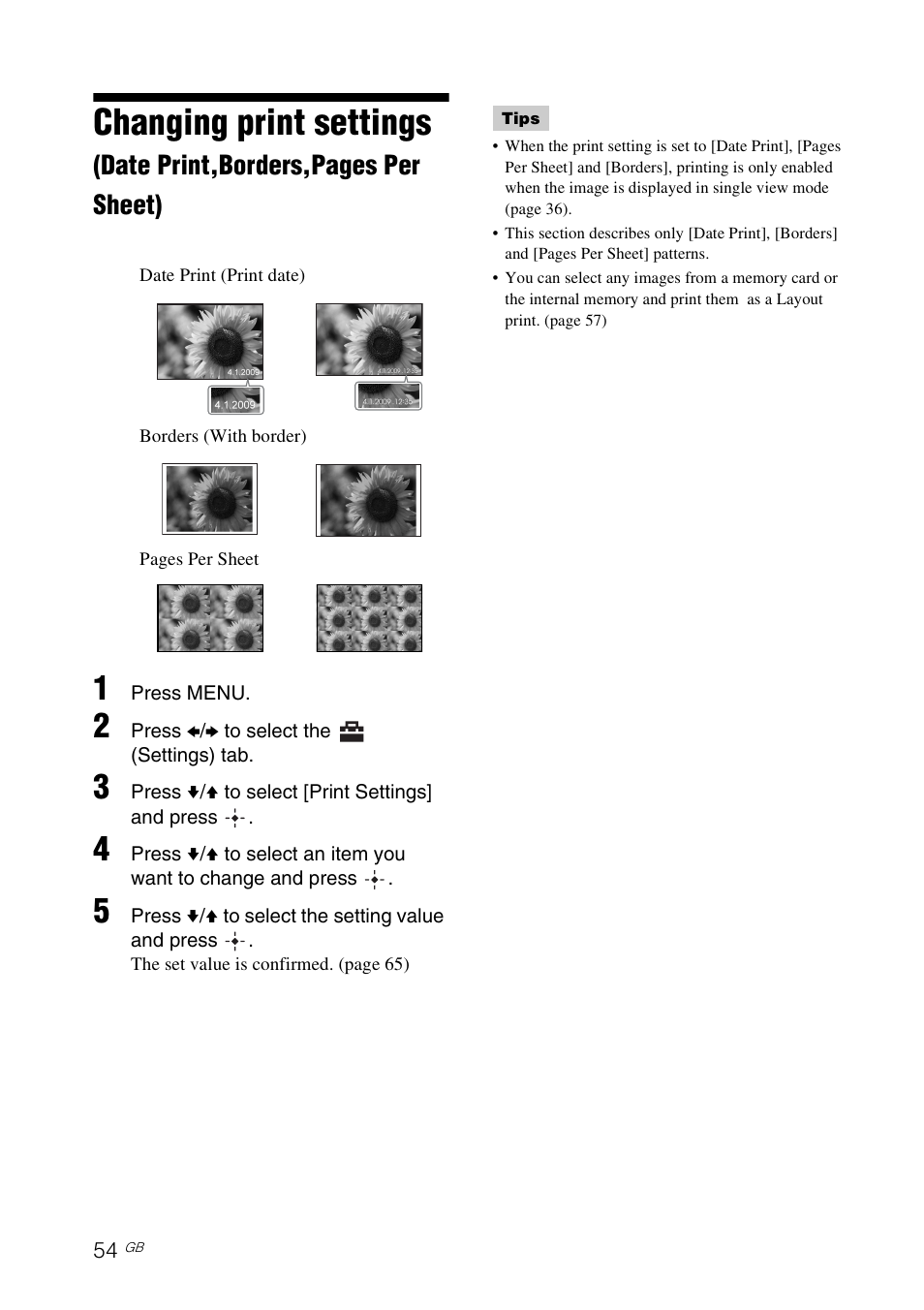 Changing print settings, Date print,borders,pages per sheet) | Sony DPP-F700 User Manual | Page 54 / 109