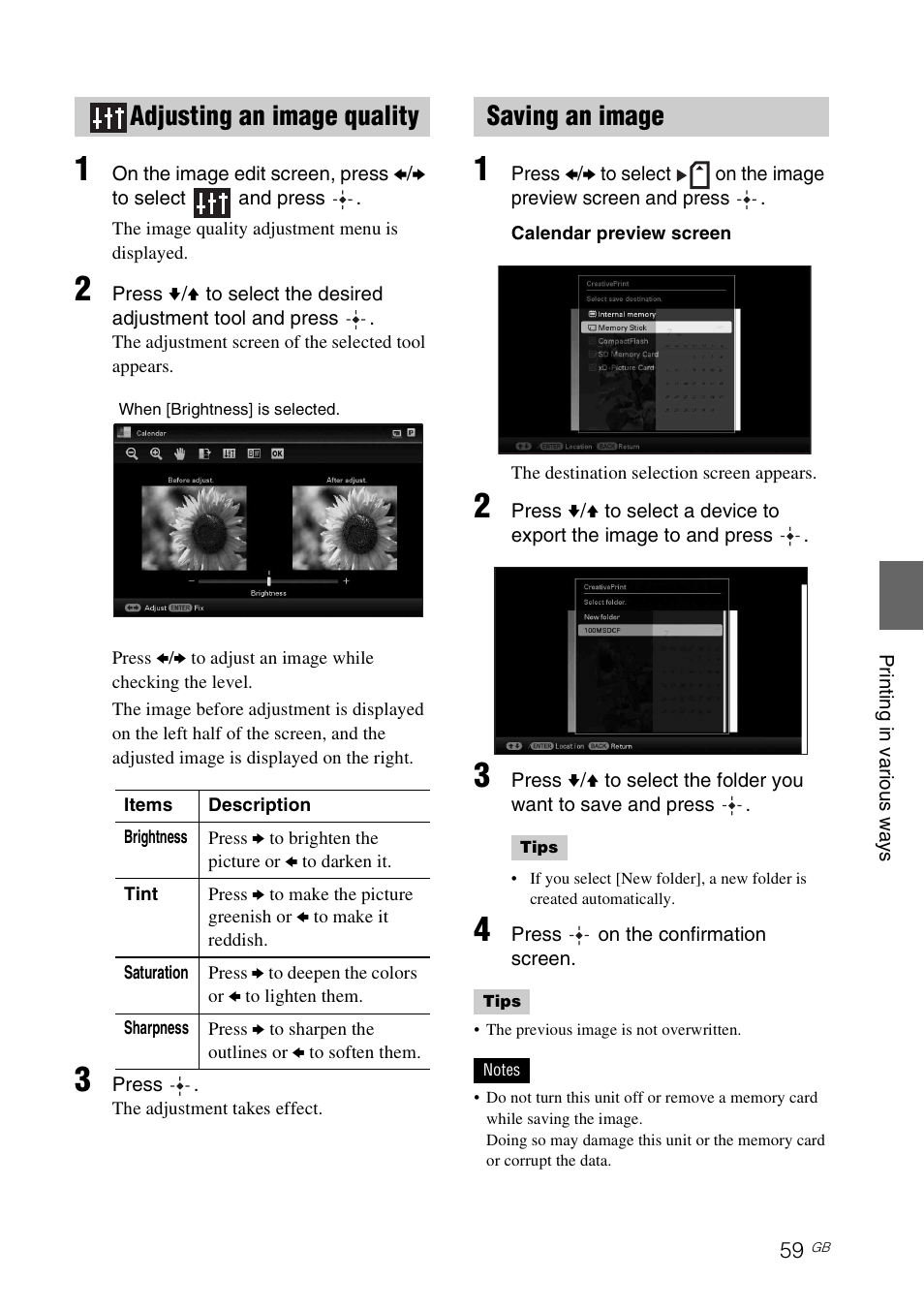 Adjusting an image quality, Saving an image, Adjusting an image quality saving an image | Sony DPP-F700 User Manual | Page 59 / 109