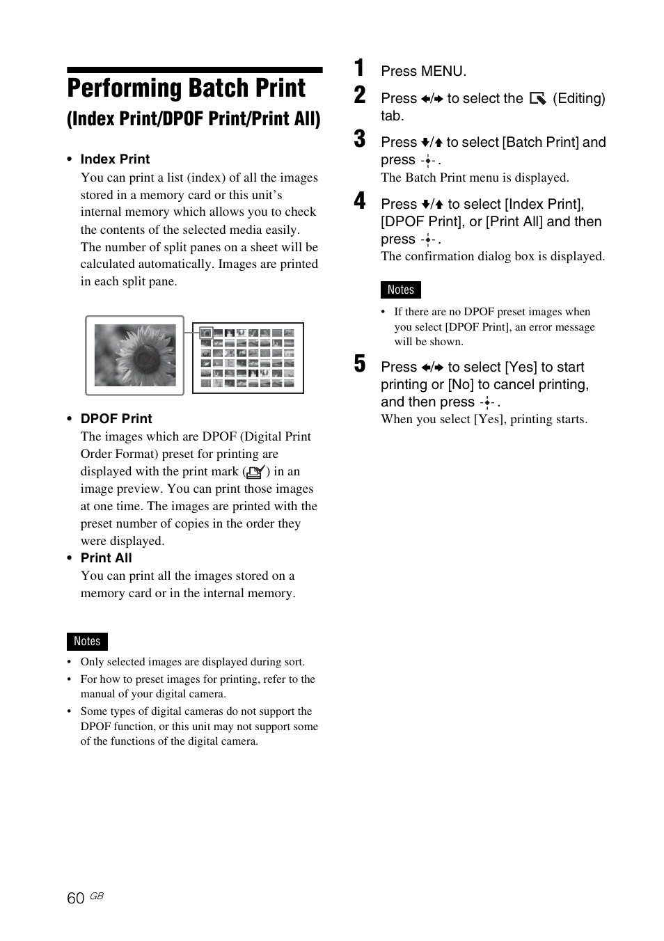 E 60), Performing batch print, Index print/dpof print/print all) | Sony DPP-F700 User Manual | Page 60 / 109