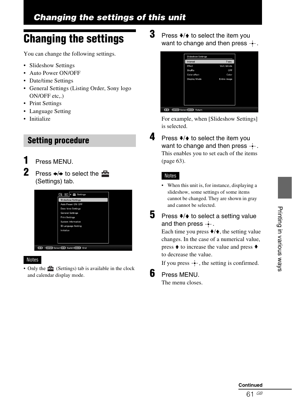 Changing the settings of this unit, Changing the settings, Setting procedure | Sony DPP-F700 User Manual | Page 61 / 109