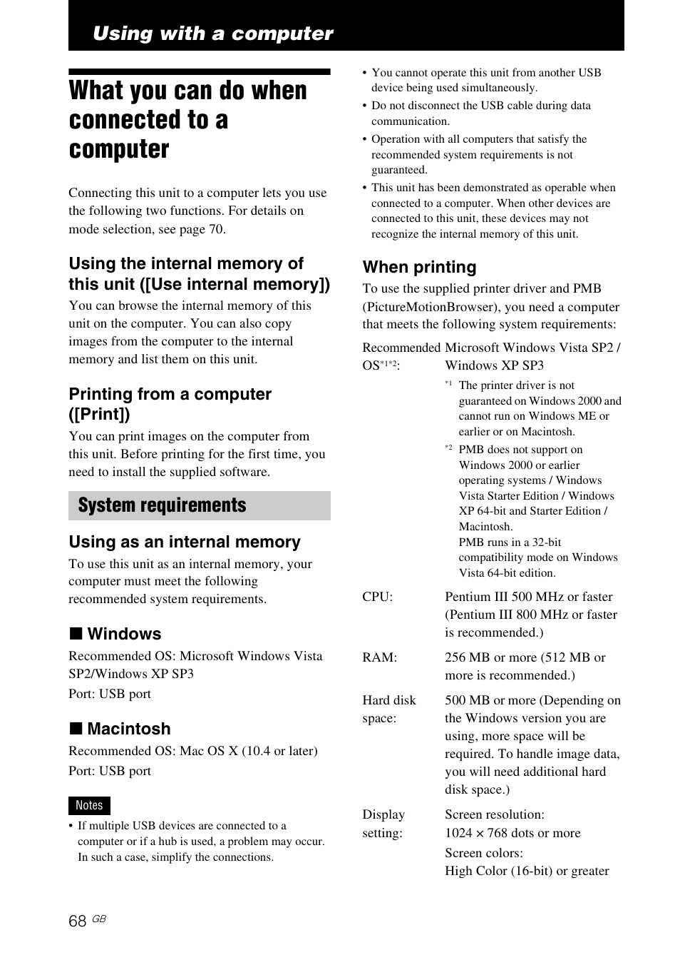 Using with a computer, What you can do when connected to a computer, System requirements | Printing from a computer ([print]), X windows, X macintosh, When printing | Sony DPP-F700 User Manual | Page 68 / 109