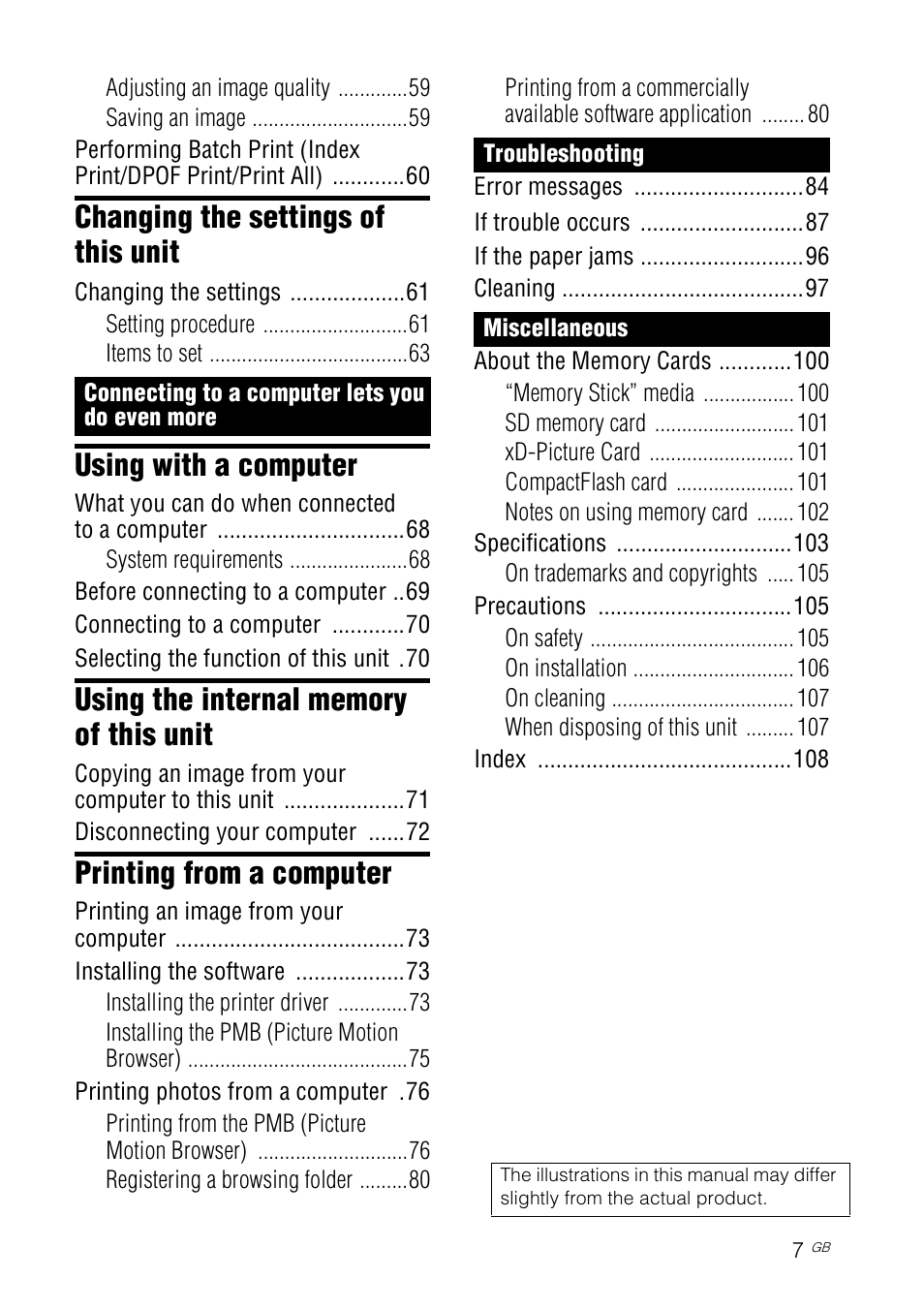 Changing the settings of this unit, Using with a computer, Printing from a computer | Sony DPP-F700 User Manual | Page 7 / 109