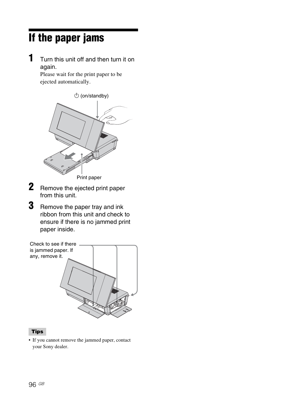 If the paper jams | Sony DPP-F700 User Manual | Page 96 / 109