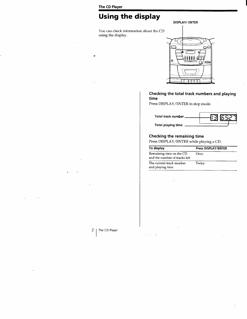 The cd player, Checking the total track numbers and playing time, Checking the remaining time | Using the display | Sony CFD-Z135 User Manual | Page 12 / 26