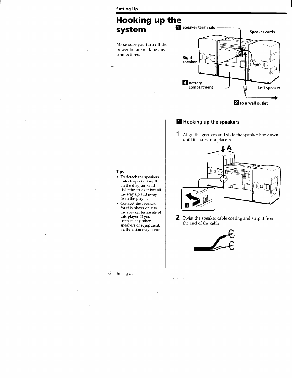 Setting up, D hooking up the speakers, Hooking up the system | Sony CFD-Z135 User Manual | Page 16 / 26