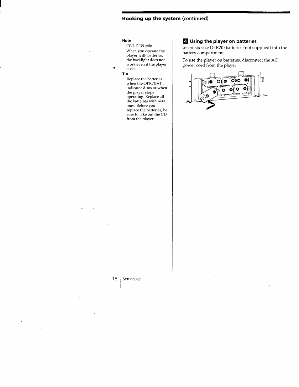 Hooking up the system (continued), Q using the player on batteries | Sony CFD-Z135 User Manual | Page 18 / 26