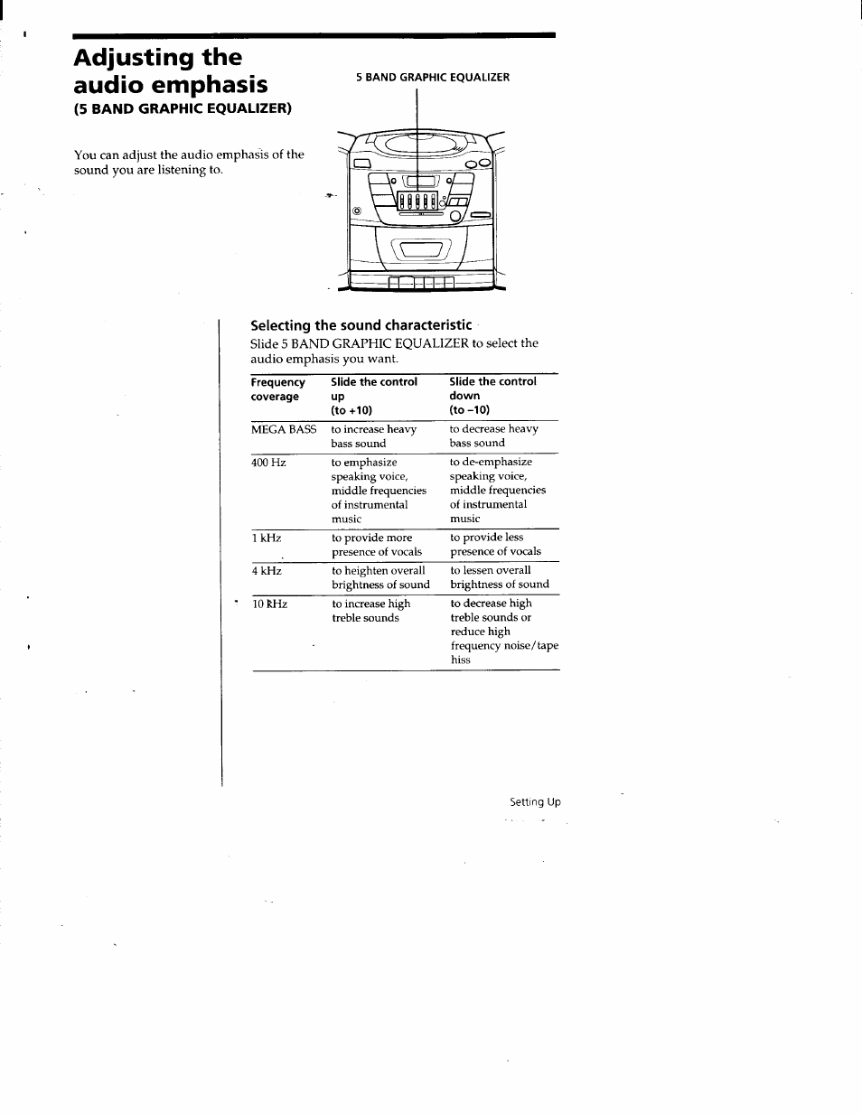 5 band graphic equalizer), Selecting the sound characteristic, Adjusting the audio emphasis | Sony CFD-Z135 User Manual | Page 19 / 26