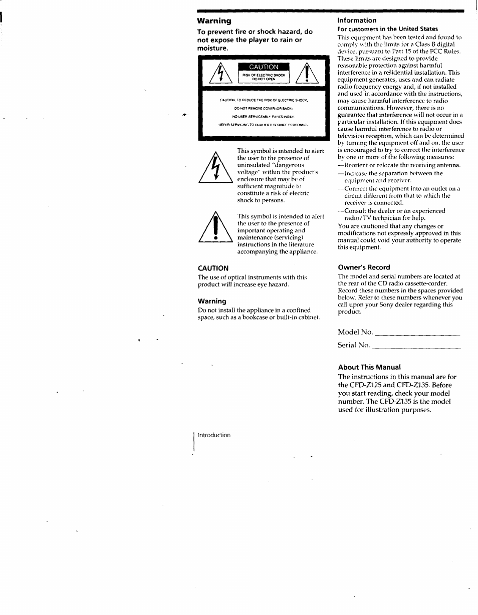 Warning, Information, Caution | Owner's record, About this manual | Sony CFD-Z135 User Manual | Page 2 / 26