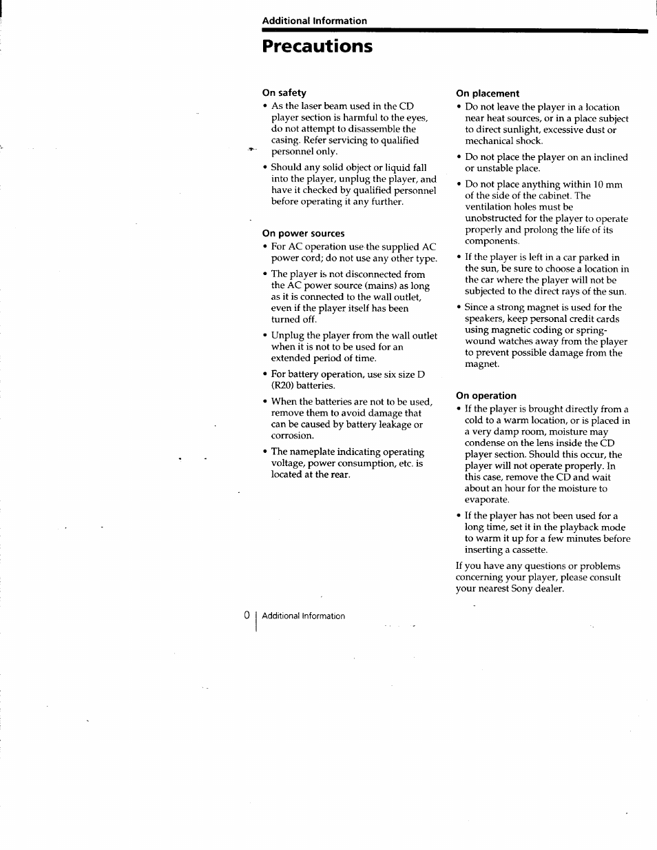 Additional information, On safety, On power sources | On placement, On operation, Precautions | Sony CFD-Z135 User Manual | Page 20 / 26