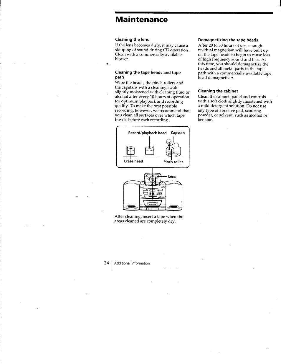 Cleaning the lens, Cleaning the tape heads and tape path, Demagnetizing the tape heads | Cleaning the cabinet, Maintenance | Sony CFD-Z135 User Manual | Page 24 / 26
