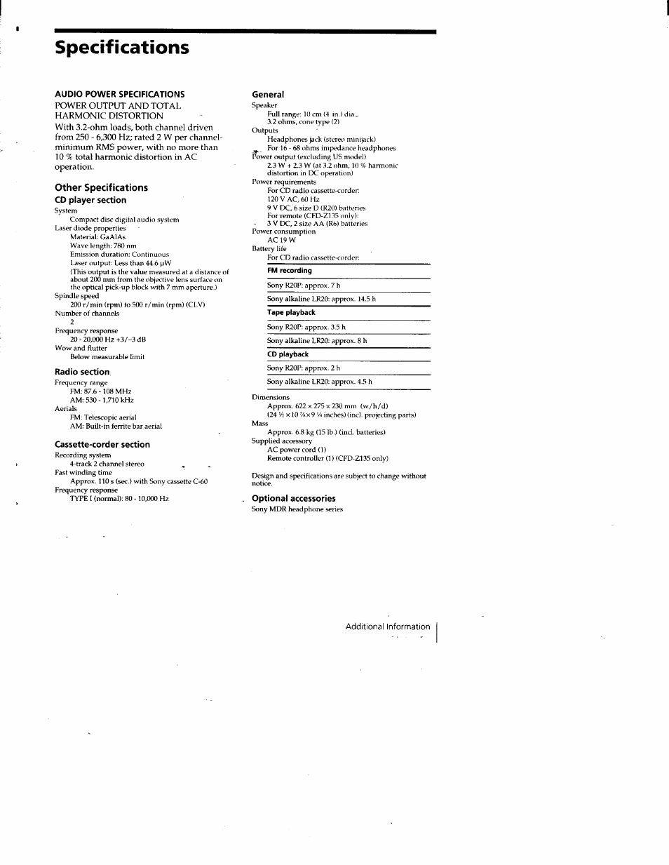 Other specifications, Specifications | Sony CFD-Z135 User Manual | Page 25 / 26