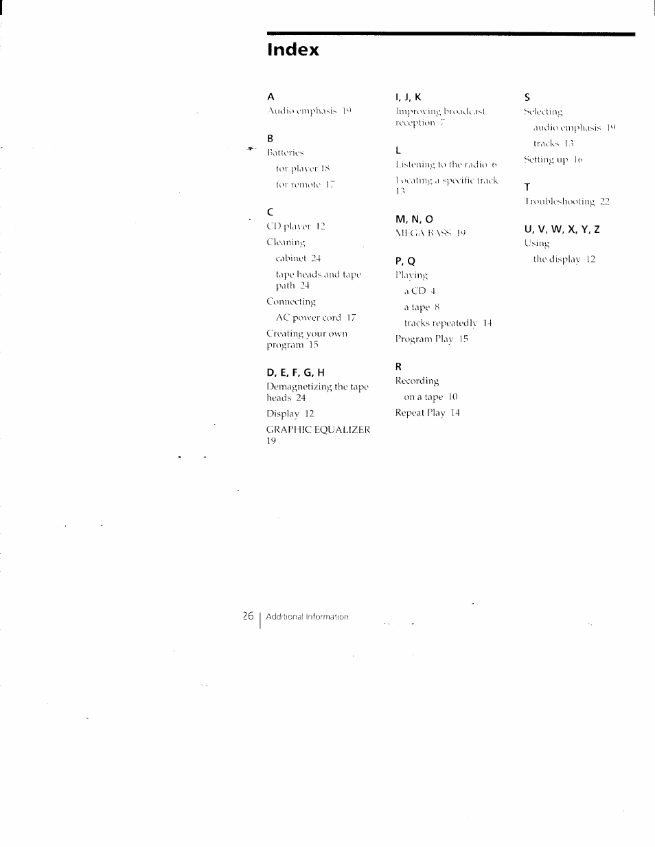 D, e, f, g, h, I, j, k, M, n, o | P, q, U, v, w, x, y, z, Index, 26 i | Sony CFD-Z135 User Manual | Page 26 / 26