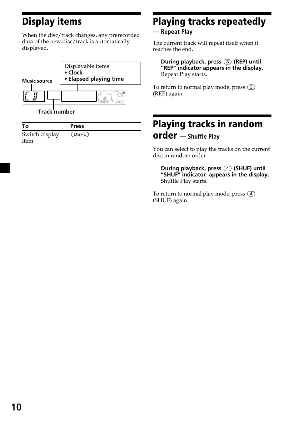 10 display items, Playing tracks repeatedly, Playing tracks in random order | Sony CDX-L450X User Manual | Page 10 / 56