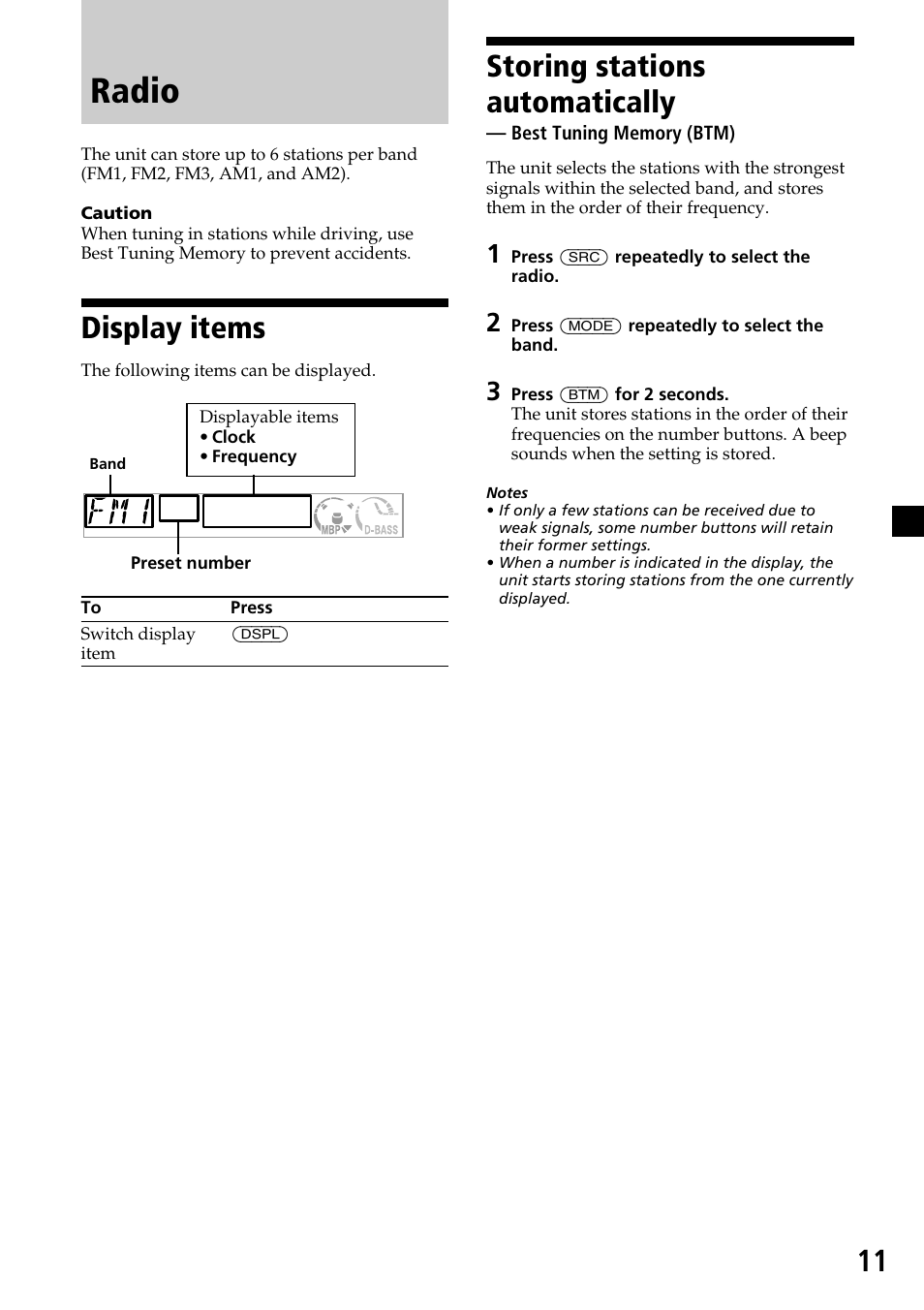 Radio, Display items, Storing stations automatically | Sony CDX-L450X User Manual | Page 11 / 56