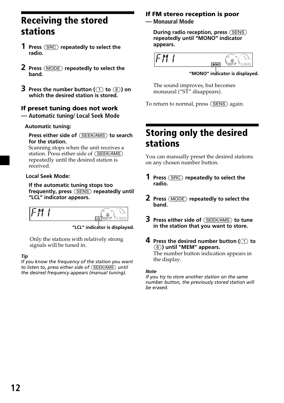 12 receiving the stored stations, Storing only the desired stations | Sony CDX-L450X User Manual | Page 12 / 56