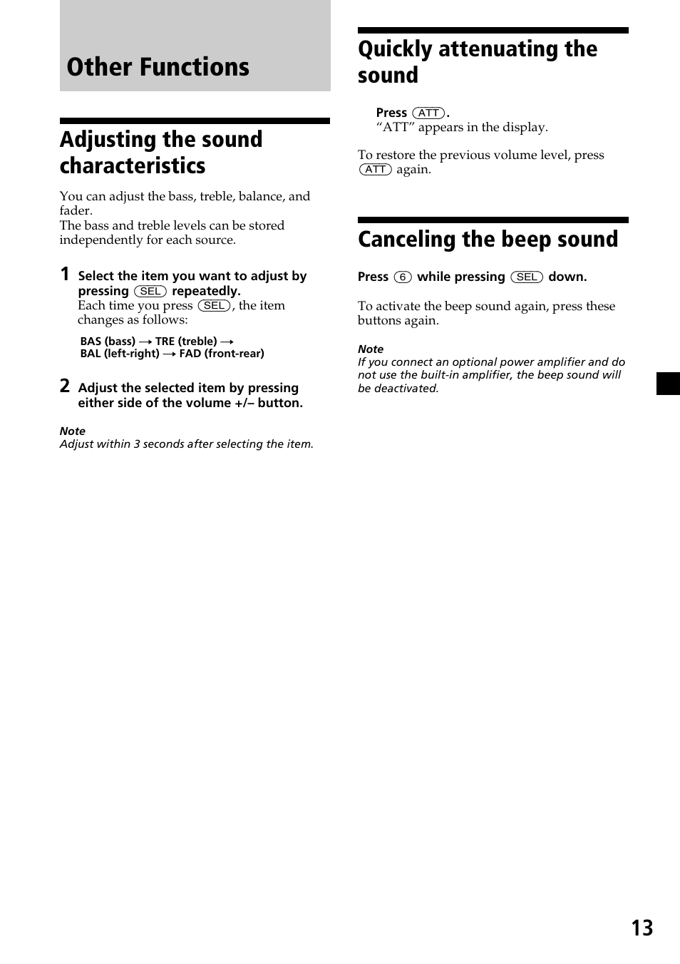 Other functions, 13 quickly attenuating the sound, Canceling the beep sound | Adjusting the sound characteristics | Sony CDX-L450X User Manual | Page 13 / 56