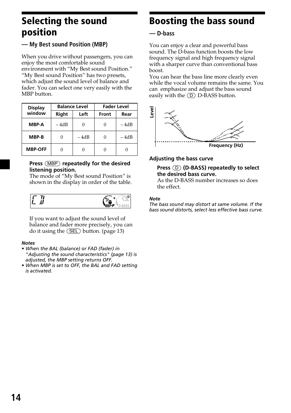 14 boosting the bass sound, Selecting the sound position, D-bass | My best sound position (mbp) | Sony CDX-L450X User Manual | Page 14 / 56