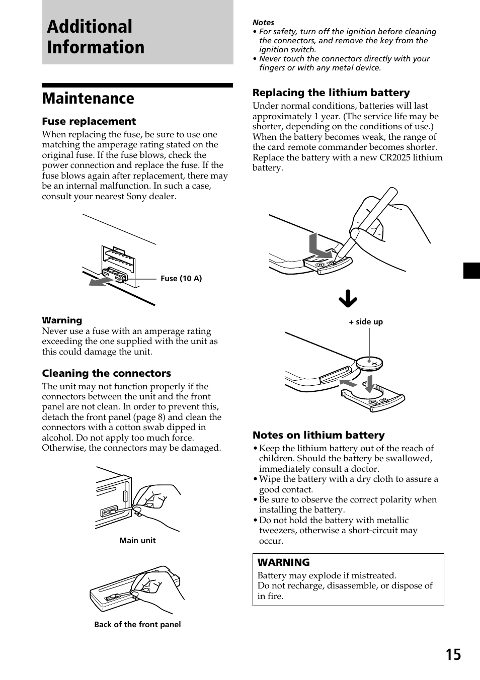 Additional information, Maintenance | Sony CDX-L450X User Manual | Page 15 / 56