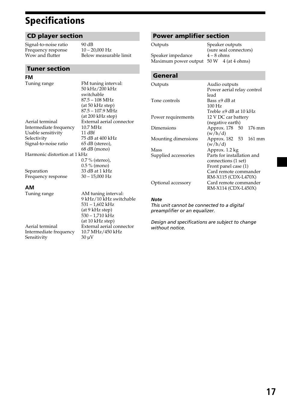 17 specifications, General | Sony CDX-L450X User Manual | Page 17 / 56