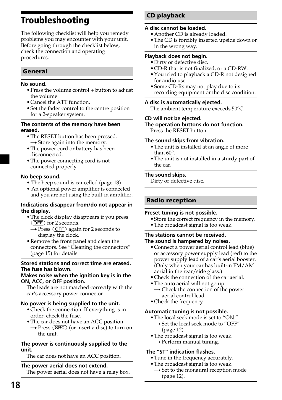 18 troubleshooting | Sony CDX-L450X User Manual | Page 18 / 56