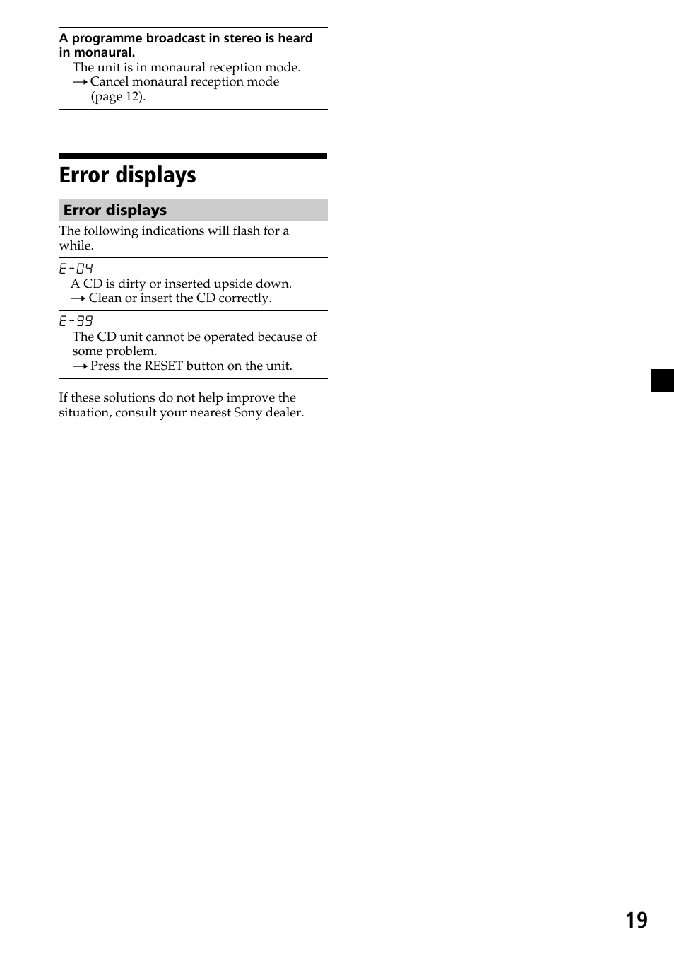 Error displays | Sony CDX-L450X User Manual | Page 19 / 56