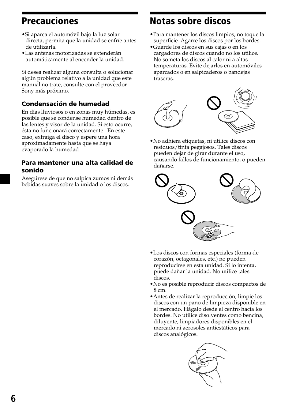 6precauciones, Notas sobre discos | Sony CDX-L450X User Manual | Page 24 / 56