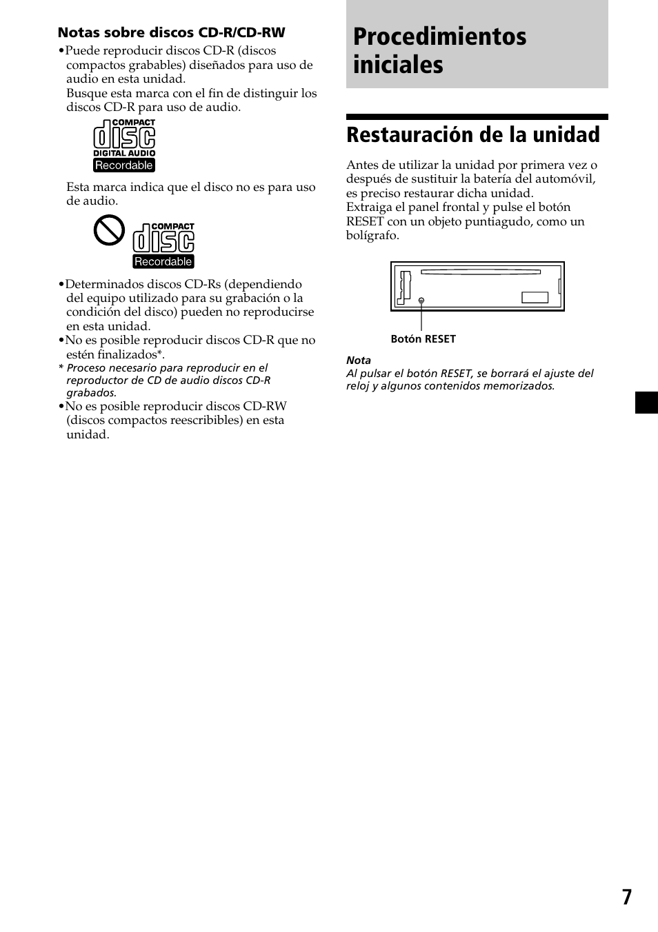 Procedimientos iniciales, Restauración de la unidad | Sony CDX-L450X User Manual | Page 25 / 56