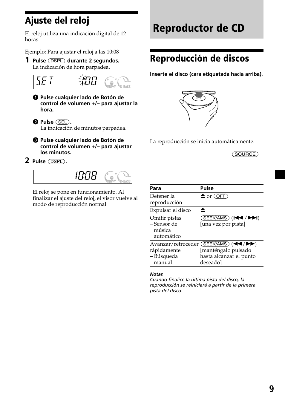 Reproductor de cd, 9ajuste del reloj, Reproducción de discos | Sony CDX-L450X User Manual | Page 27 / 56