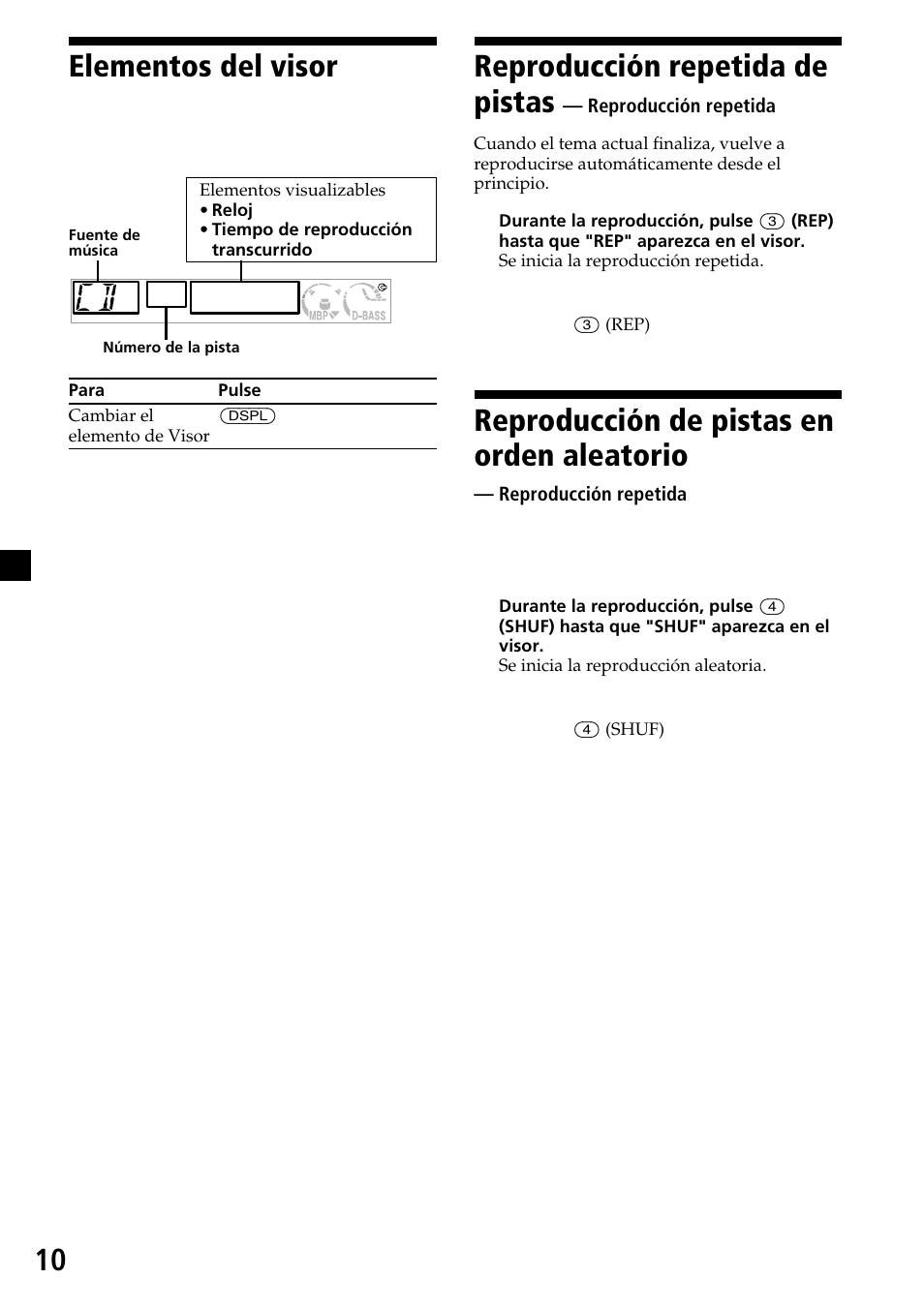 10 elementos del visor, Reproducción repetida de pistas, Reproducción de pistas en orden aleatorio | Sony CDX-L450X User Manual | Page 28 / 56