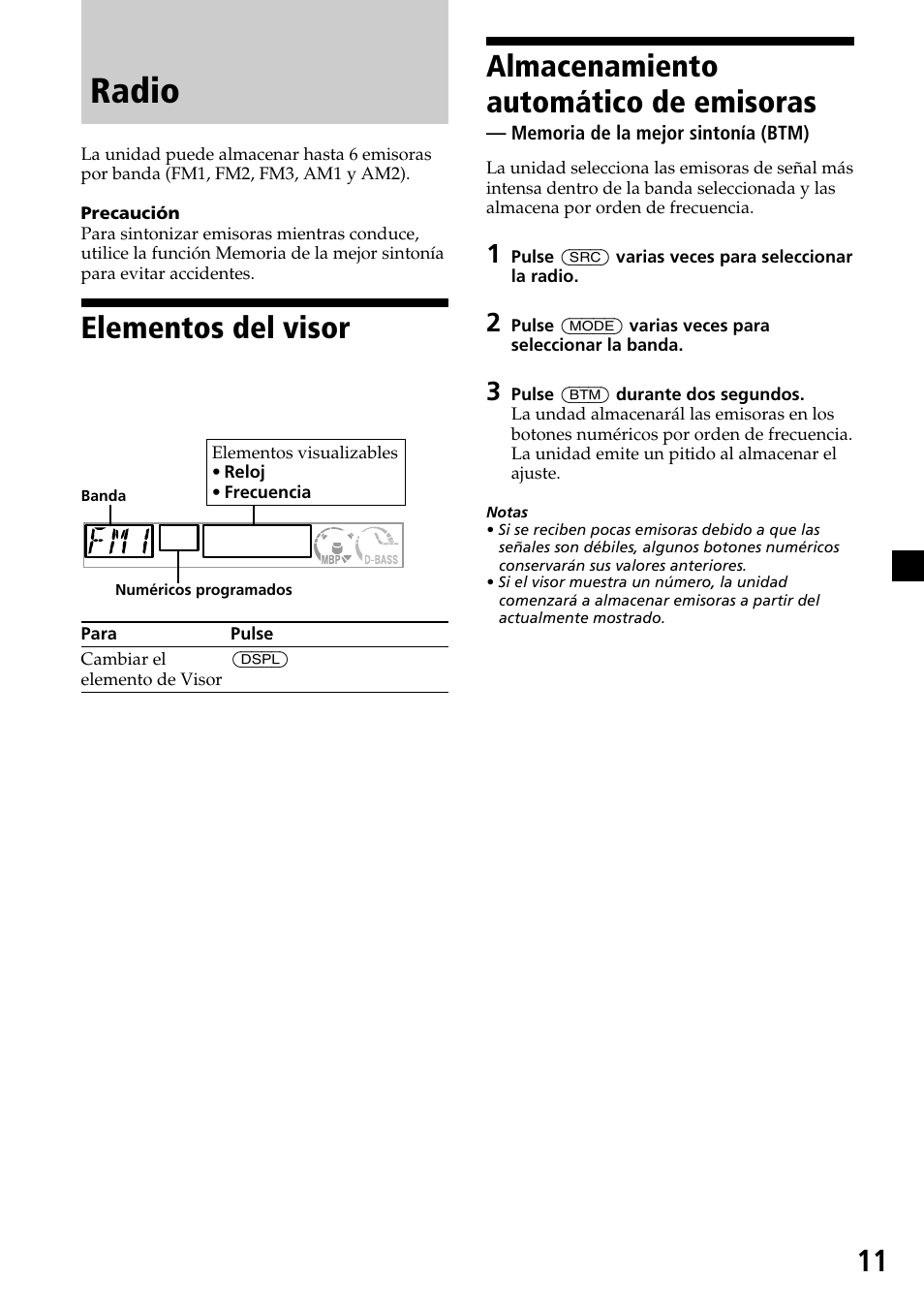 Radio, Elementos del visor, Almacenamiento automático de emisoras | Sony CDX-L450X User Manual | Page 29 / 56