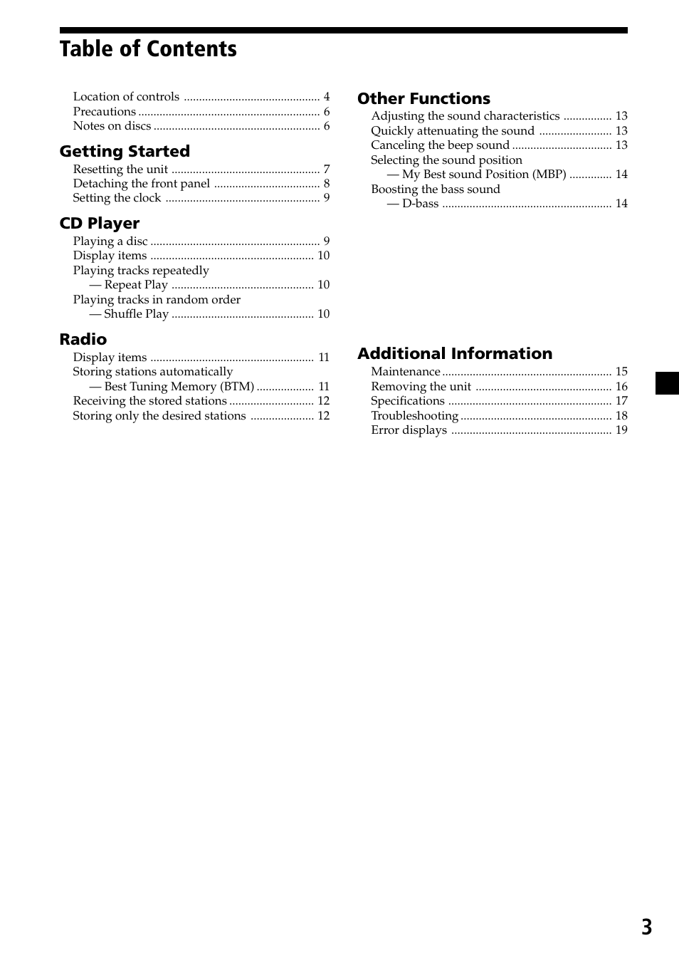 3table of contents | Sony CDX-L450X User Manual | Page 3 / 56