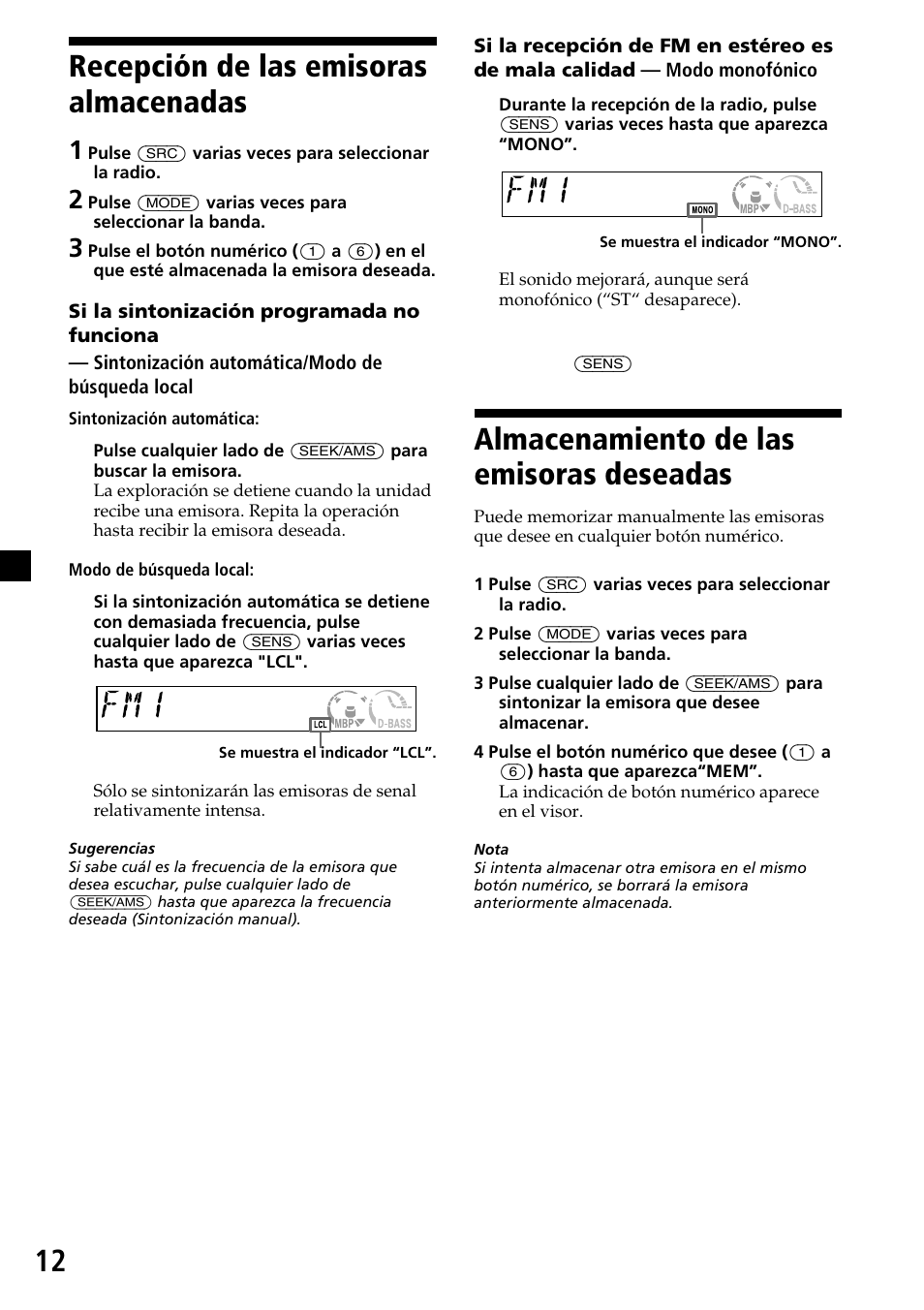 12 recepción de las emisoras almacenadas, Almacenamiento de las emisoras deseadas | Sony CDX-L450X User Manual | Page 30 / 56