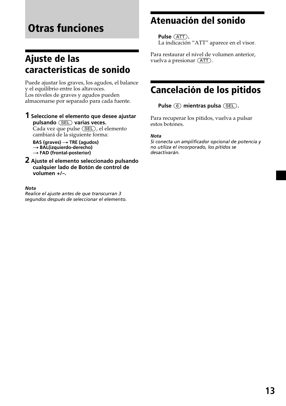 Otras funciones, 13 atenuación del sonido, Cancelación de los pitidos | Ajuste de las características de sonido | Sony CDX-L450X User Manual | Page 31 / 56