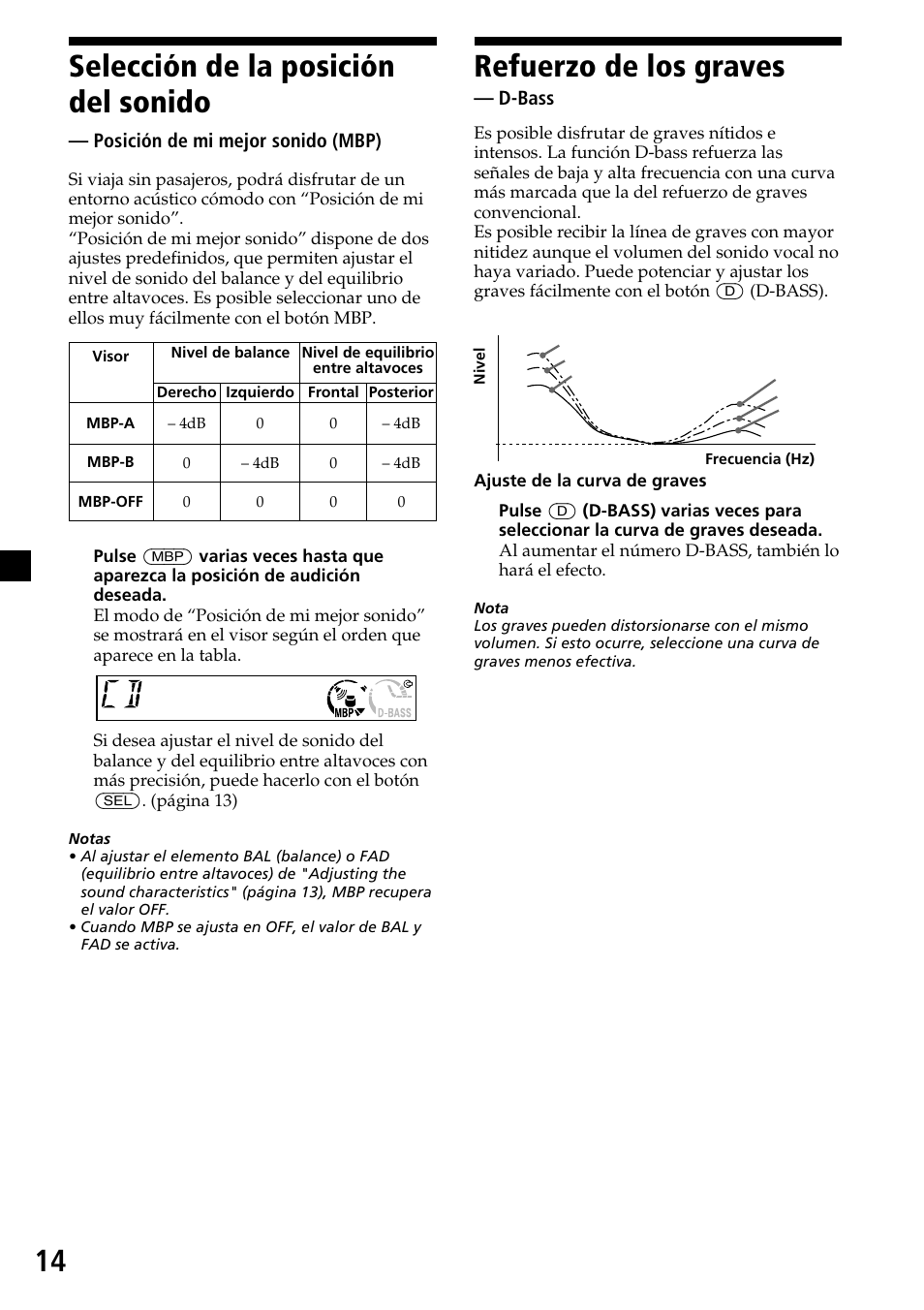 14 refuerzo de los graves, Selección de la posición del sonido, D-bass | Posición de mi mejor sonido (mbp) | Sony CDX-L450X User Manual | Page 32 / 56