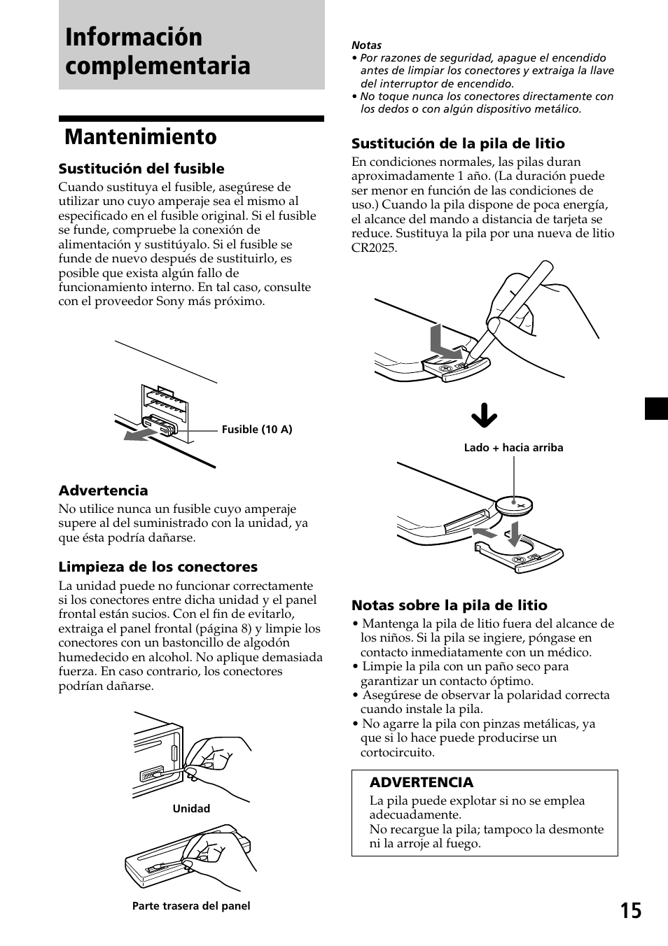 Información complementaria, Mantenimiento | Sony CDX-L450X User Manual | Page 33 / 56