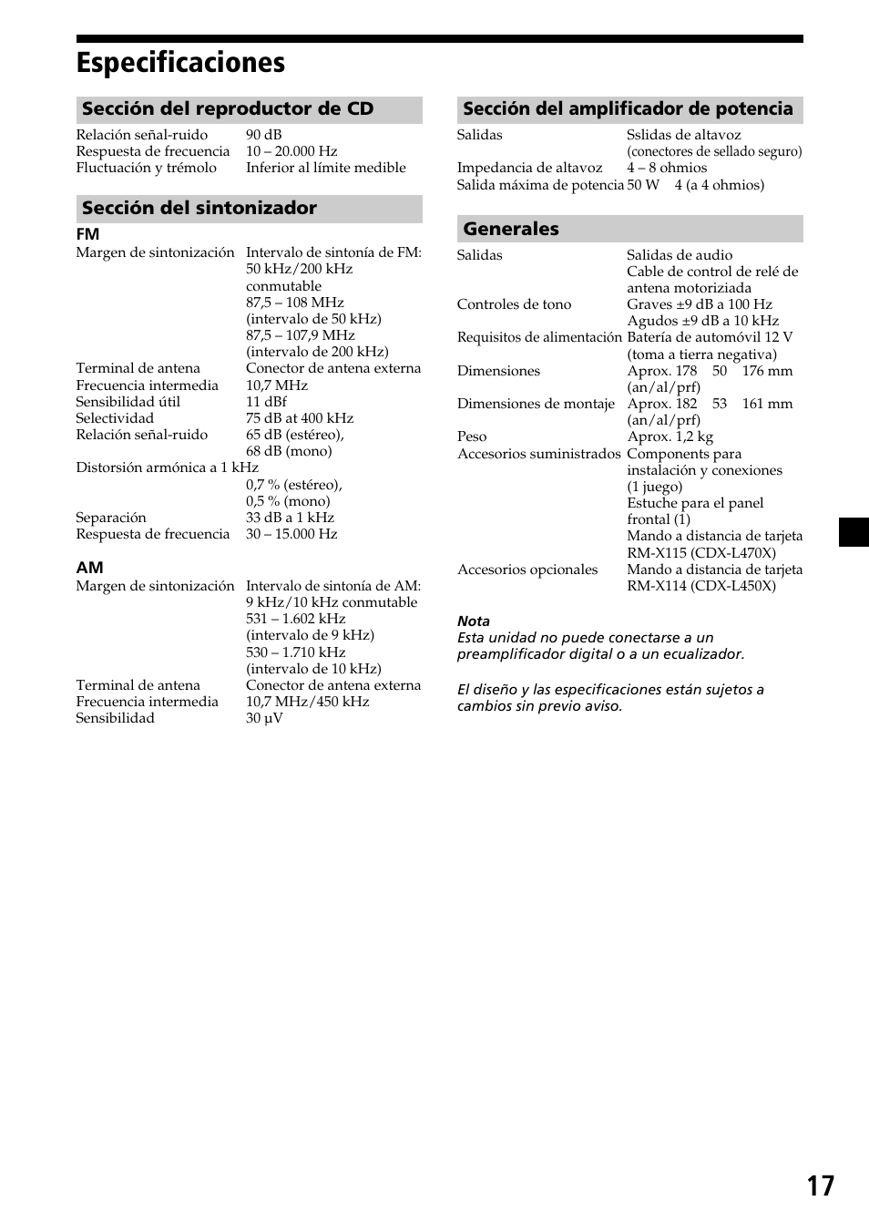 17 especificaciones, Sección del reproductor de cd, Sección del sintonizador | Sección del amplificador de potencia, Generales | Sony CDX-L450X User Manual | Page 35 / 56