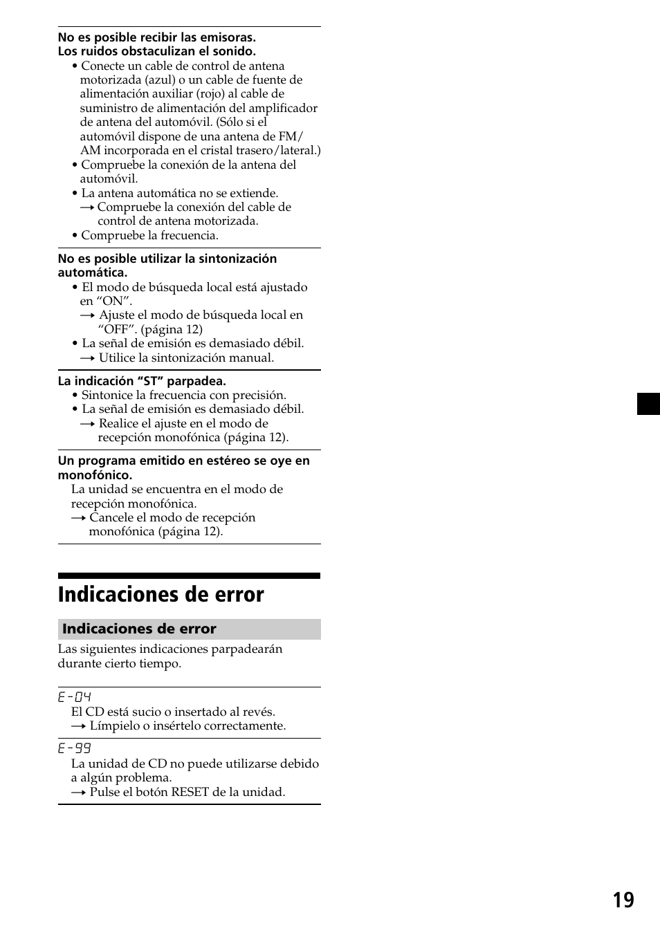 Indicaciones de error | Sony CDX-L450X User Manual | Page 37 / 56