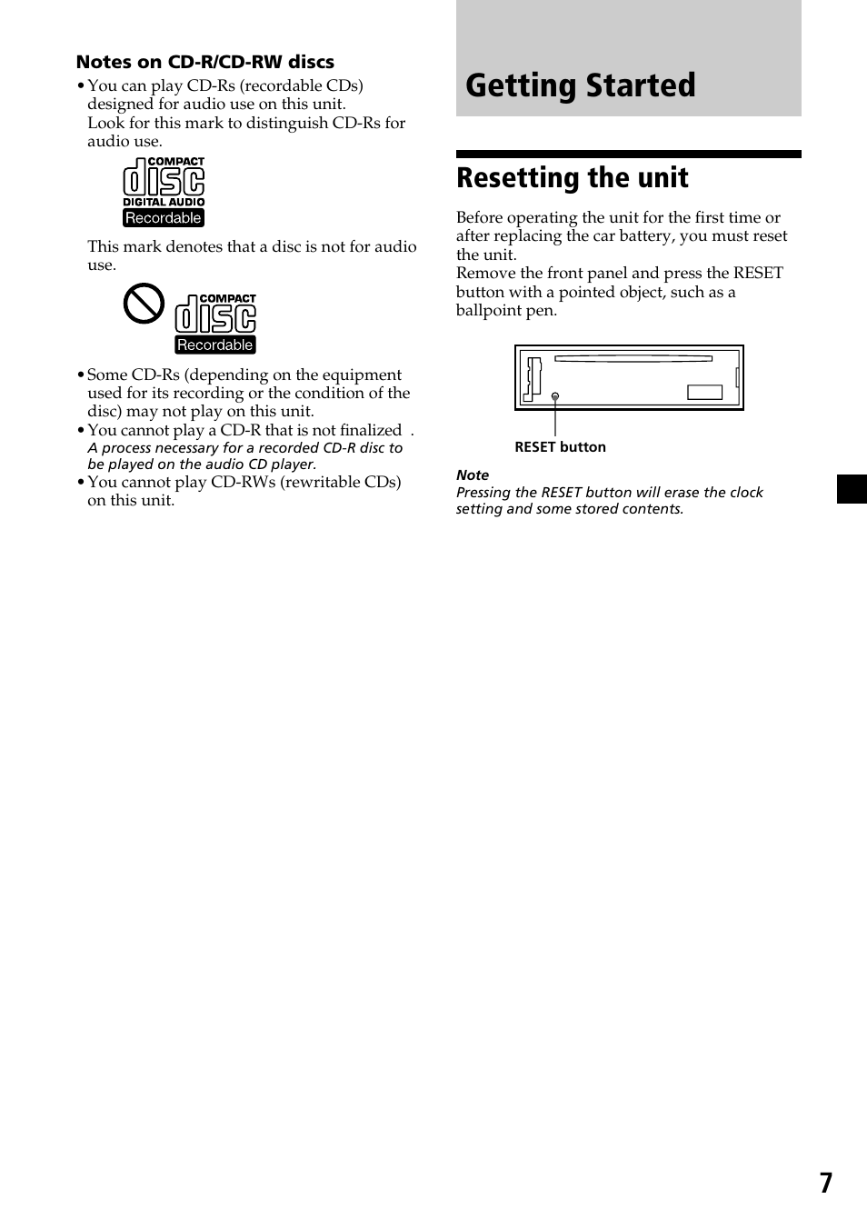 Getting started, Resetting the unit | Sony CDX-L450X User Manual | Page 7 / 56