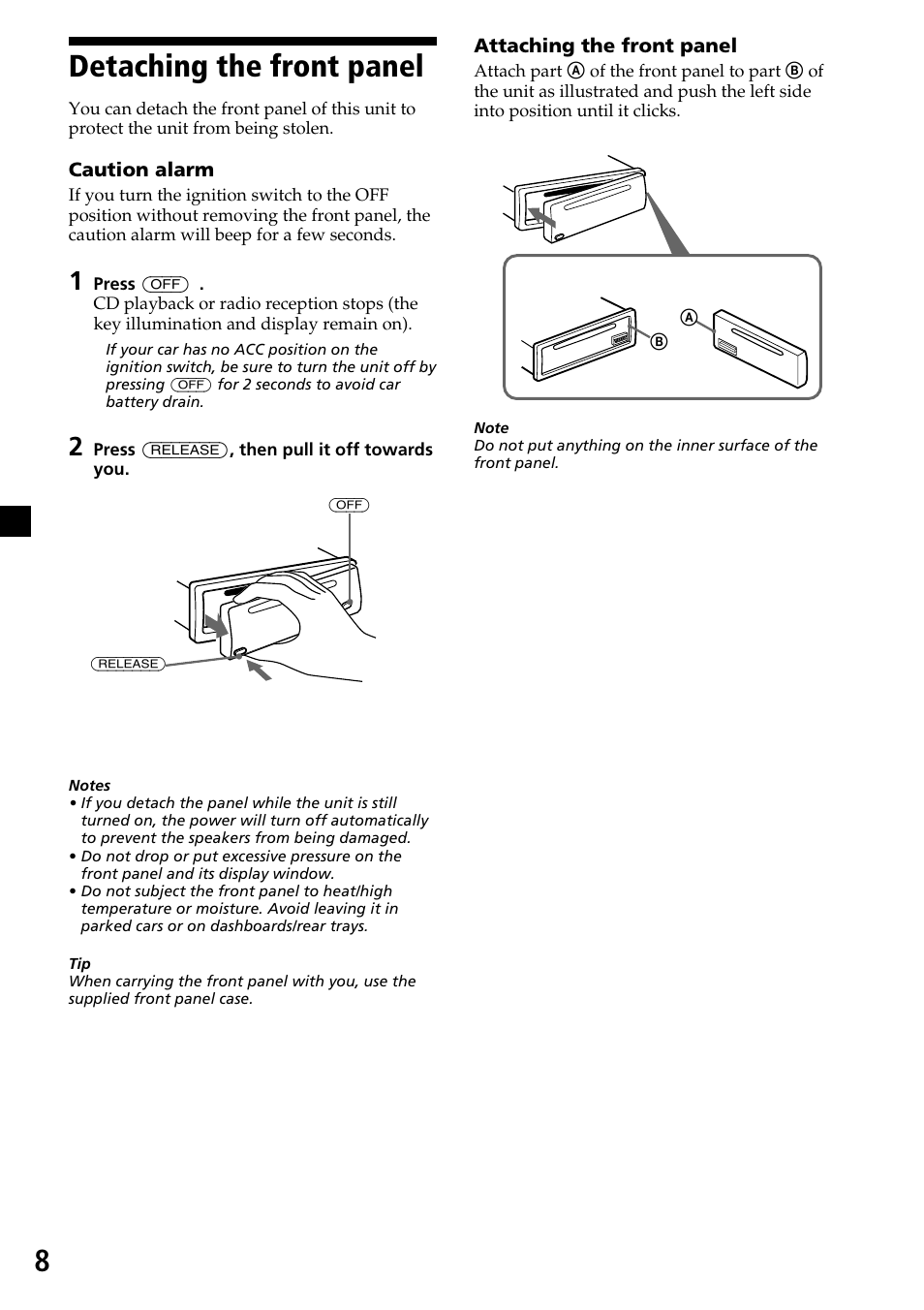 Detaching the front panel | Sony CDX-L450X User Manual | Page 8 / 56