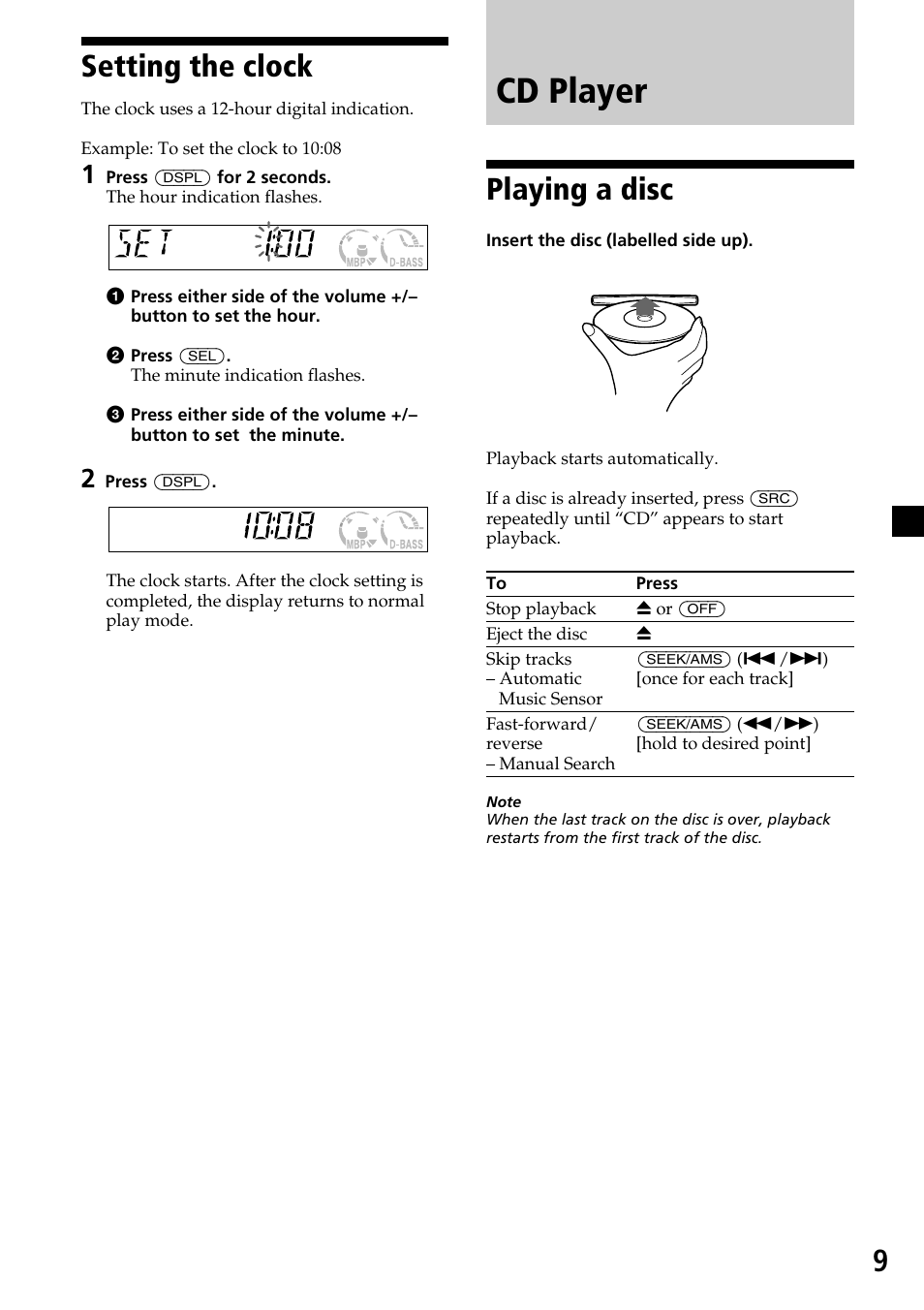 Cd player, 9setting the clock, Playing a disc | Sony CDX-L450X User Manual | Page 9 / 56