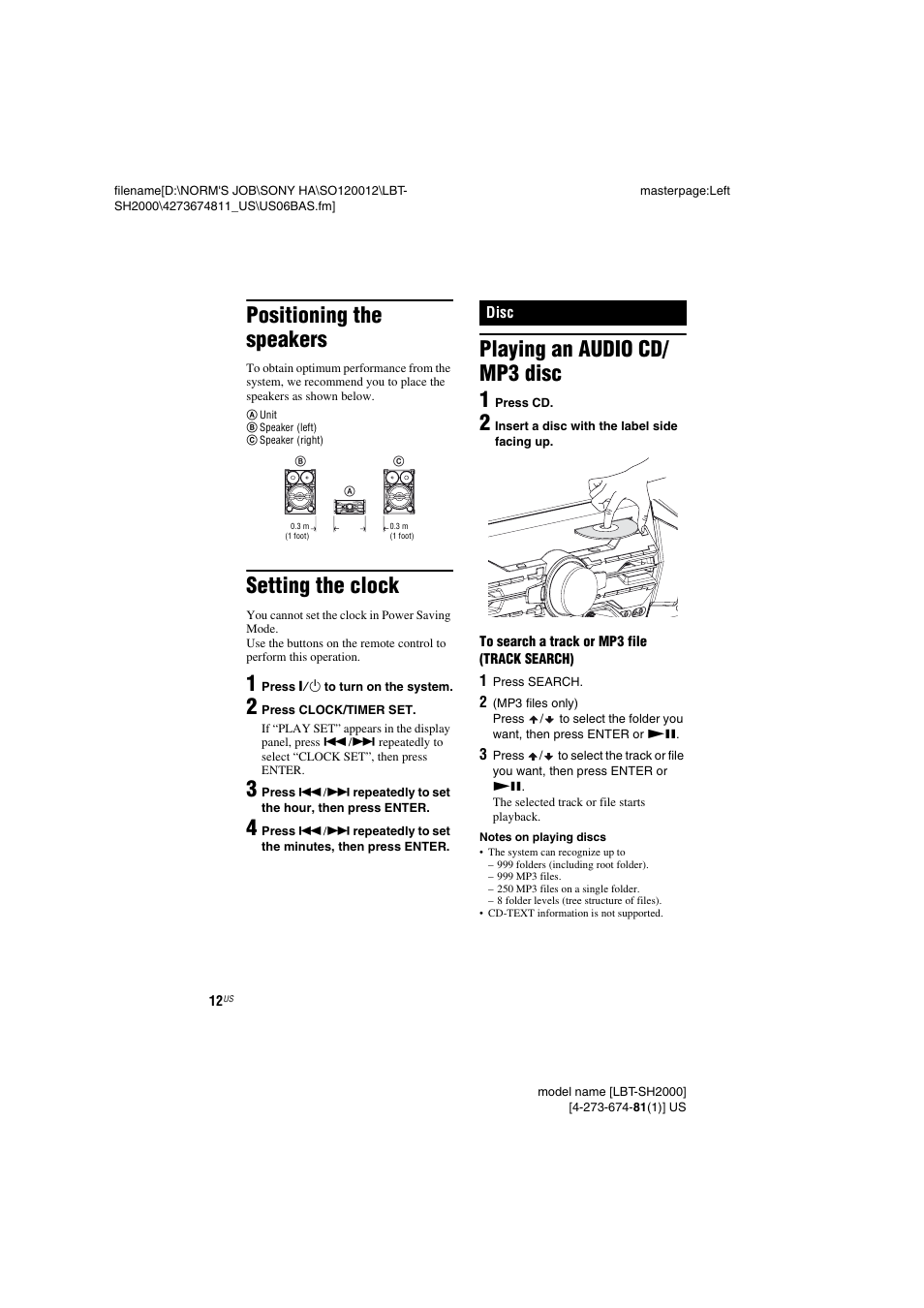 Positioning the speakers, Setting the clock, Disc | Playing an audio cd/ mp3 disc, Playing an audio cd/mp3 disc, Playing an audio cd/ mp3 disc 1 | Sony LBT-SH2000 User Manual | Page 12 / 72