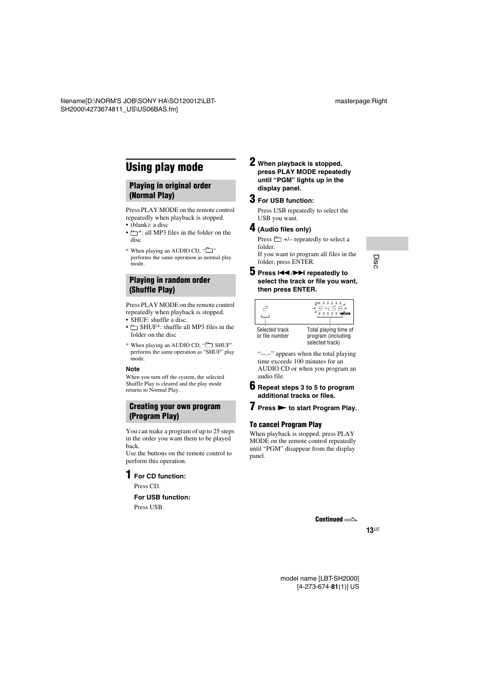 Using play mode, Age 13 | Sony LBT-SH2000 User Manual | Page 13 / 72