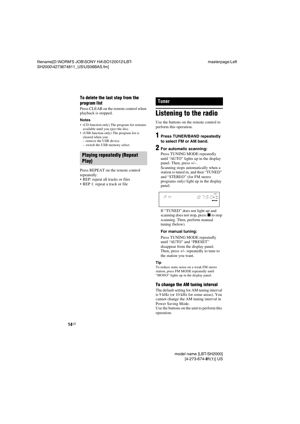 Tuner, Listening to the radio, Age 14, 20) | Sony LBT-SH2000 User Manual | Page 14 / 72