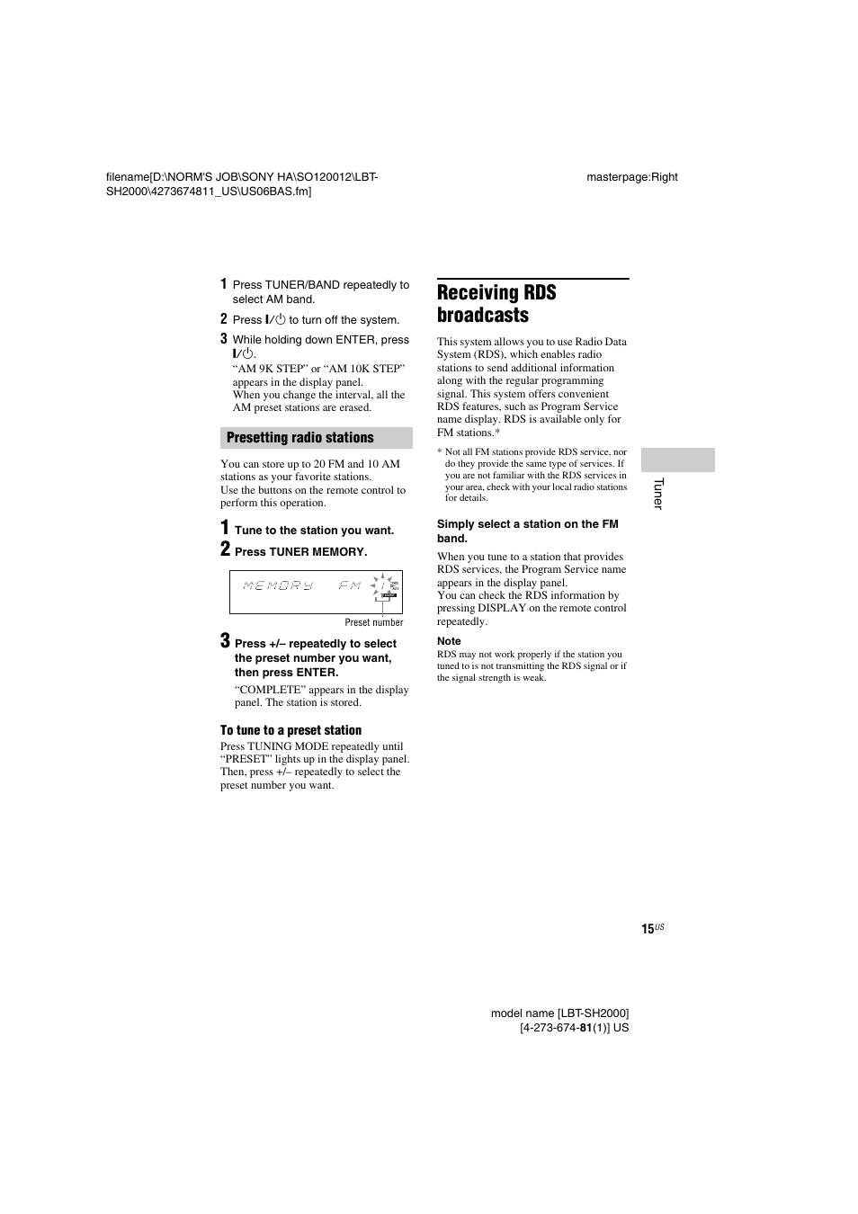 Receiving rds broadcasts | Sony LBT-SH2000 User Manual | Page 15 / 72