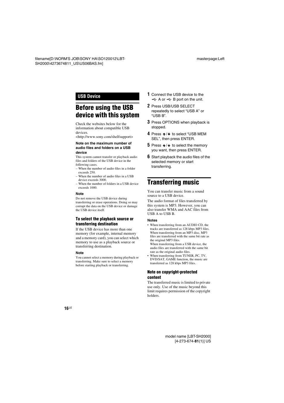 Usb device, Before using the usb device with this system, Transferring music | Sony LBT-SH2000 User Manual | Page 16 / 72