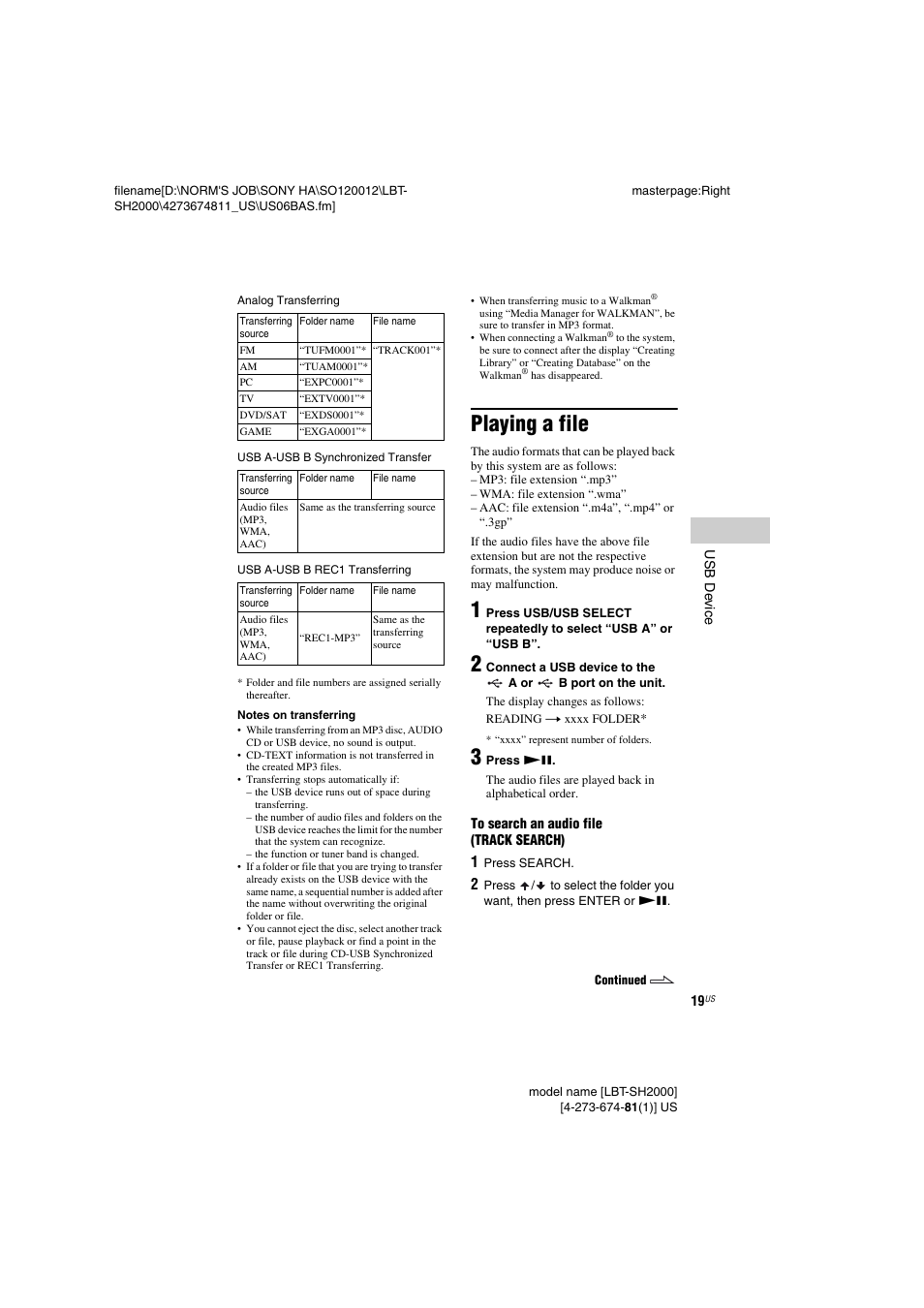 Playing a file | Sony LBT-SH2000 User Manual | Page 19 / 72
