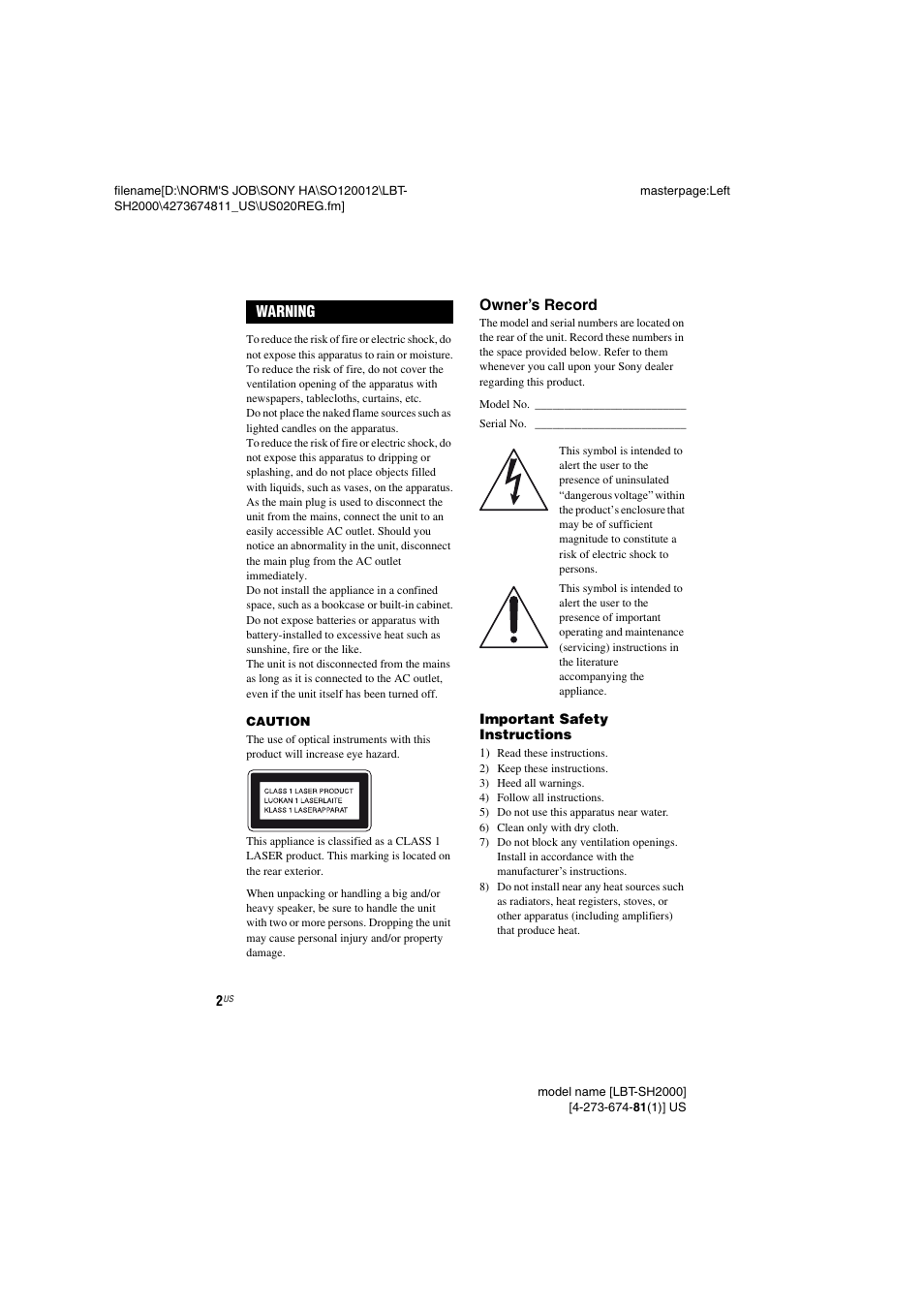 Sony LBT-SH2000 User Manual | Page 2 / 72