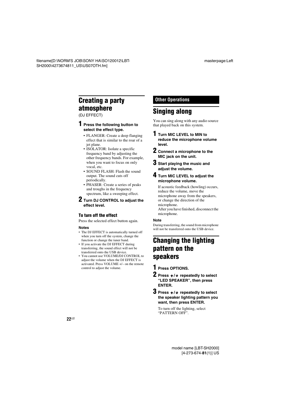 Creating a party atmosphere (dj effect), Other operations, Singing along | Changing the lighting pattern on the speakers, Creating a party atmosphere, Changing the lighting pattern on the speakers 1 | Sony LBT-SH2000 User Manual | Page 22 / 72