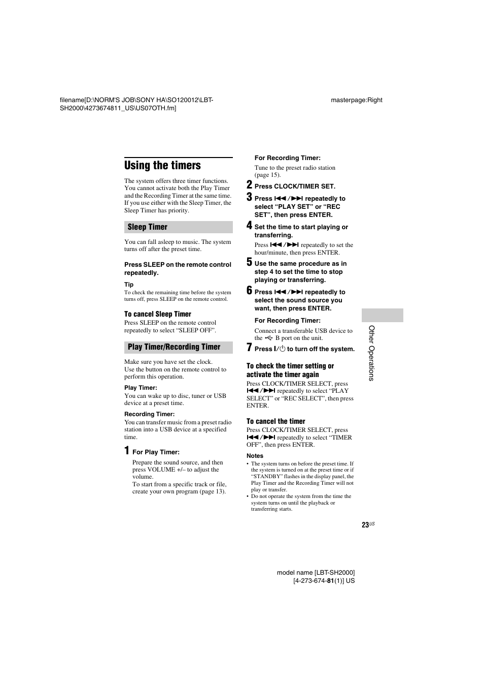 Using the timers | Sony LBT-SH2000 User Manual | Page 23 / 72