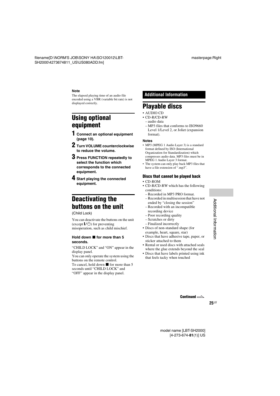 Using optional equipment, Deactivating the buttons on the unit (child lock), Additional information | Playable discs, Using optional equipment 1, Deactivating the buttons on the unit | Sony LBT-SH2000 User Manual | Page 25 / 72